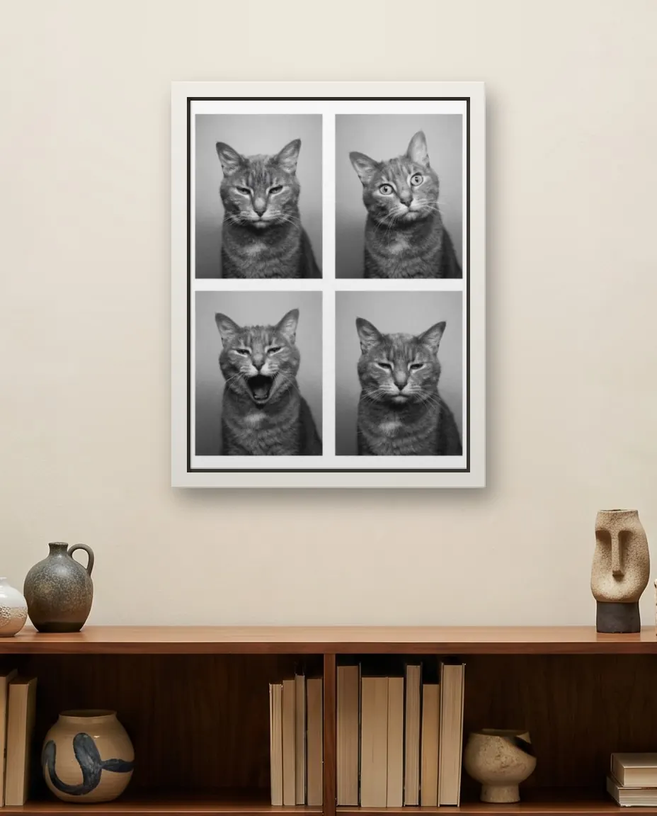 Boots's Photobooth Strip portrait as a framed canvas on a stair landing wall above a walnut bookcase