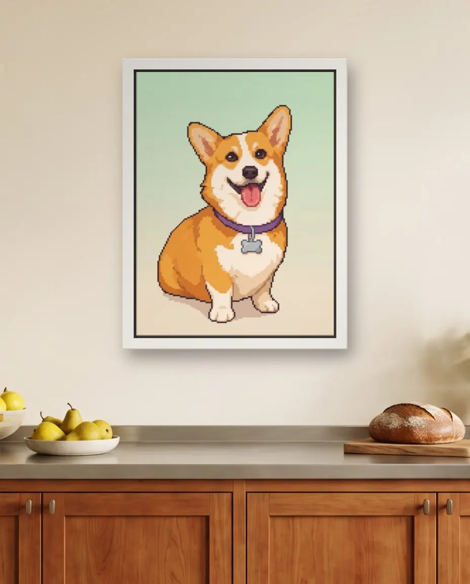 A corgi's Pixel Art portrait as a framed canvas on a kitchen wall above the counter