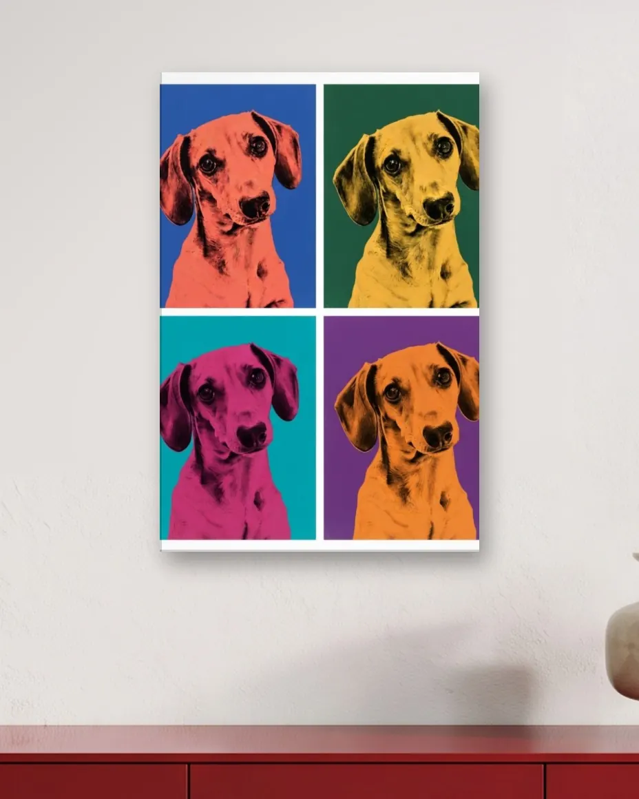 A red dachshund's Pop Art Quad portrait as a canvas on a living room wall above a red lacquer credenza