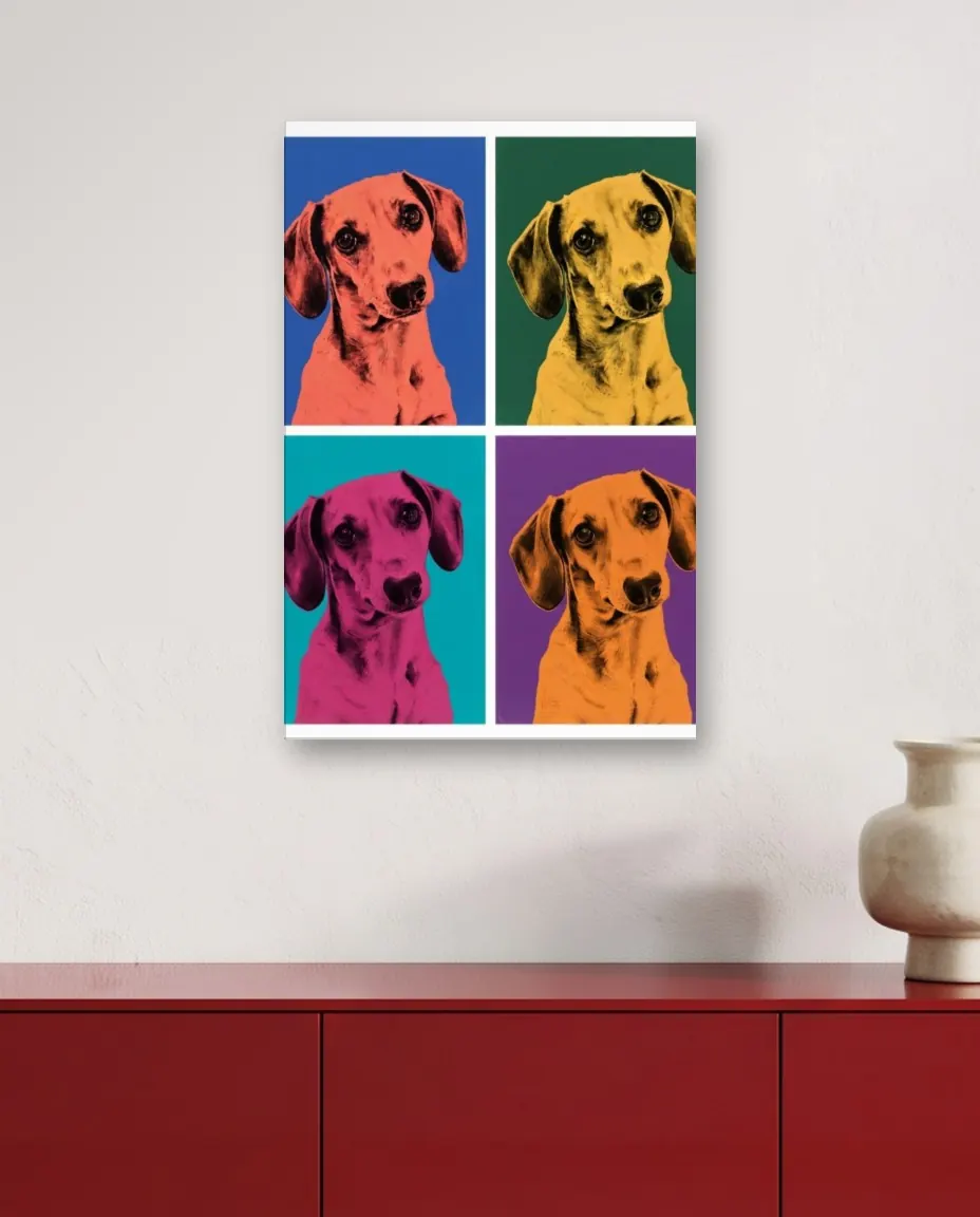 A red dachshund's Pop Art Quad portrait as a canvas on a living room wall above a red lacquer credenza