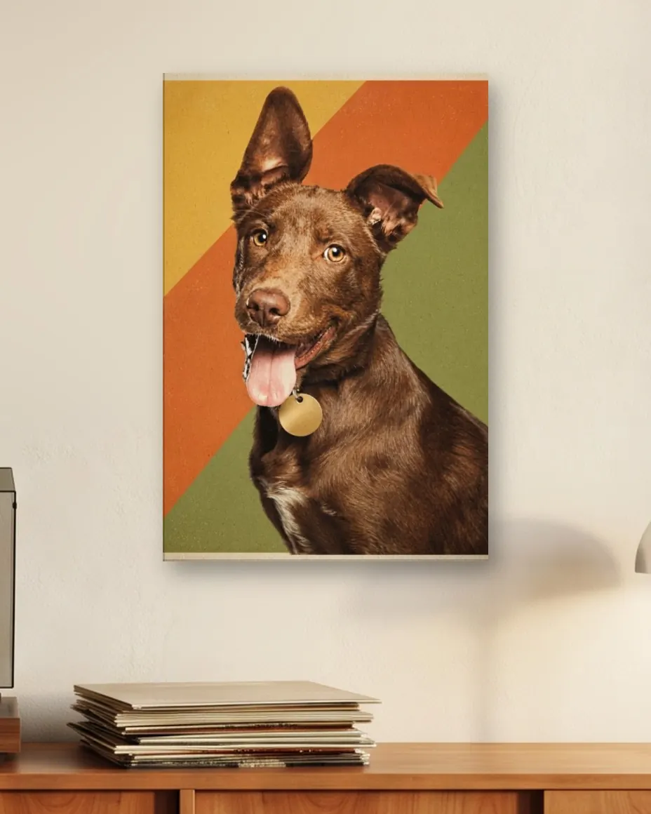 A brown mixed-breed dog's Record Sleeve portrait as a canvas on a living room wall above a cherry record cabinet