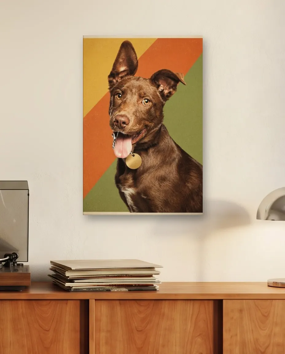 A brown mixed-breed dog's Record Sleeve portrait as a canvas on a living room wall above a cherry record cabinet